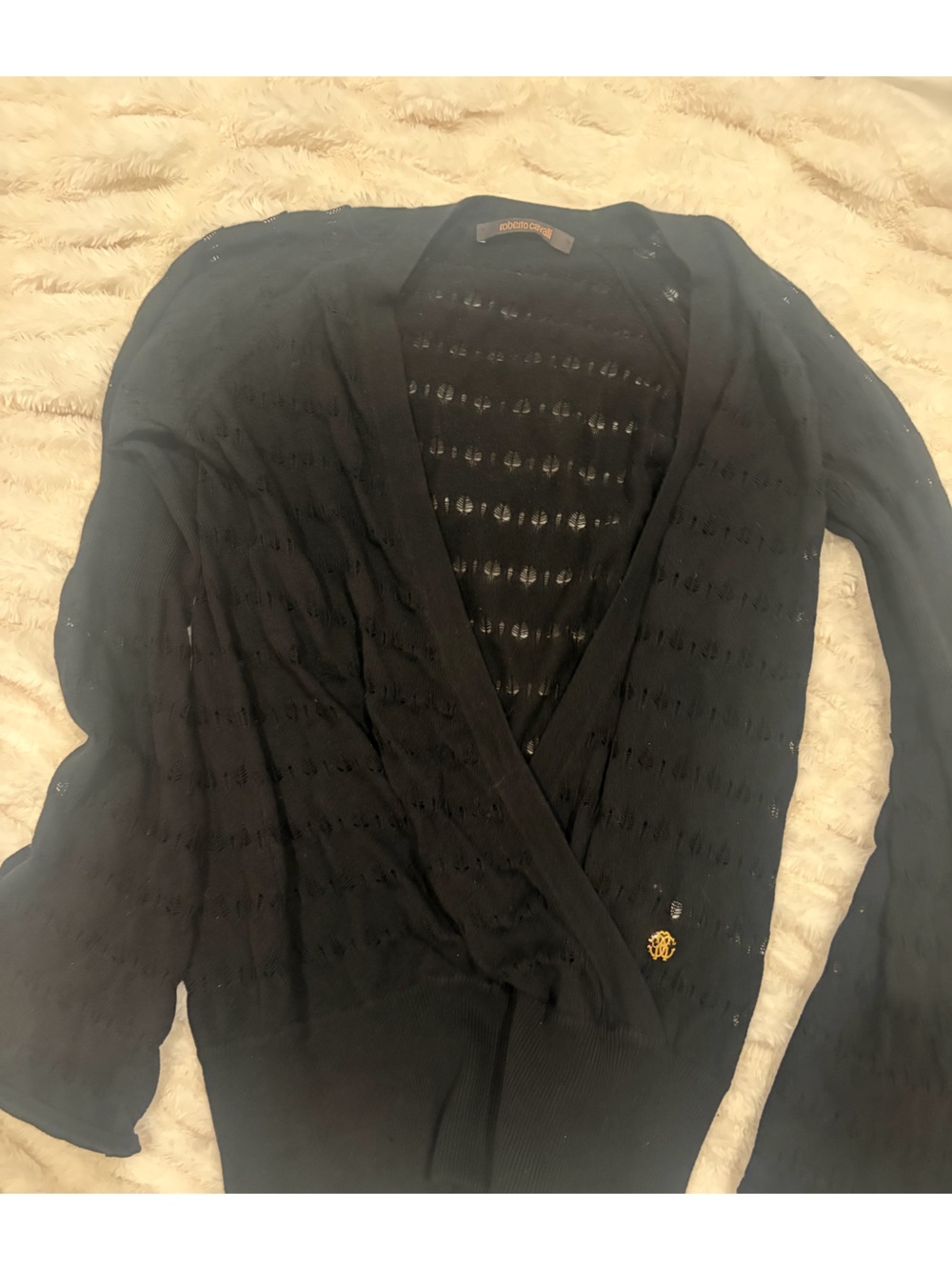 Roberto Cavalli Black Long-Sleeve Knit Cardigan with Gold Emblem